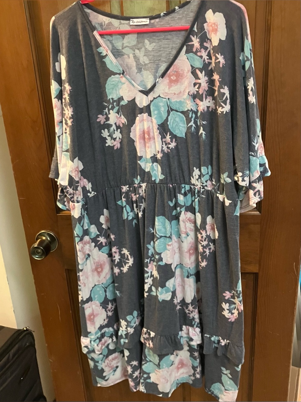 Cozy Floral V-Neck Dress in Charcoal and Pastel 2X